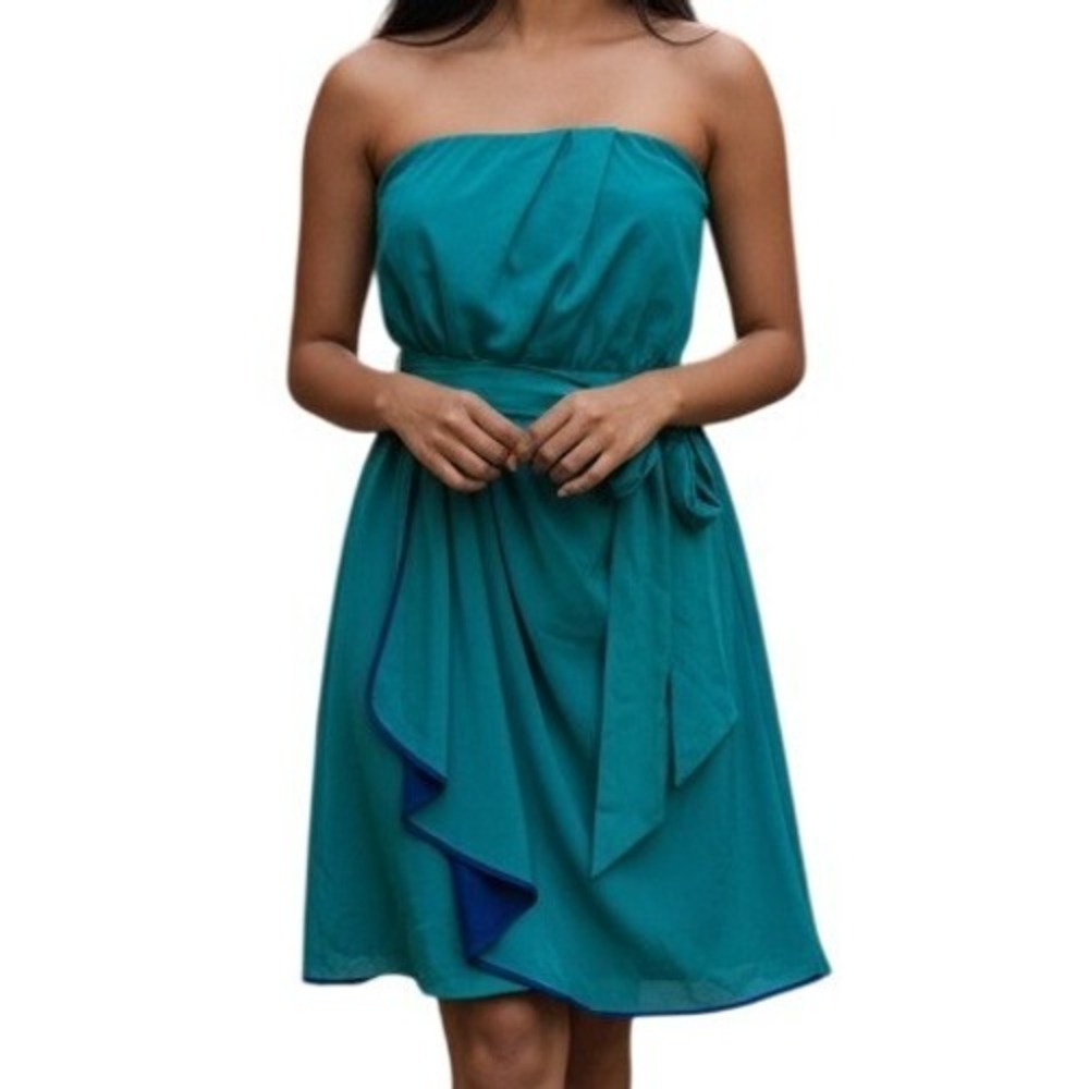 EXPRESS Teal Straples Faux Wrap Mini Dress Navy Blue Contrast Trim Tie Waist S